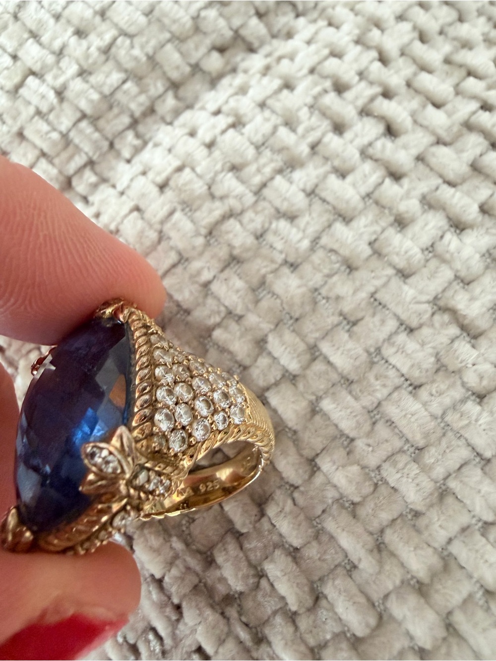 RARE Judith Ripka 925 Gold-Tone Ring with Deep Blue Cabochon and Pavé Accents - Picture 11 of 11